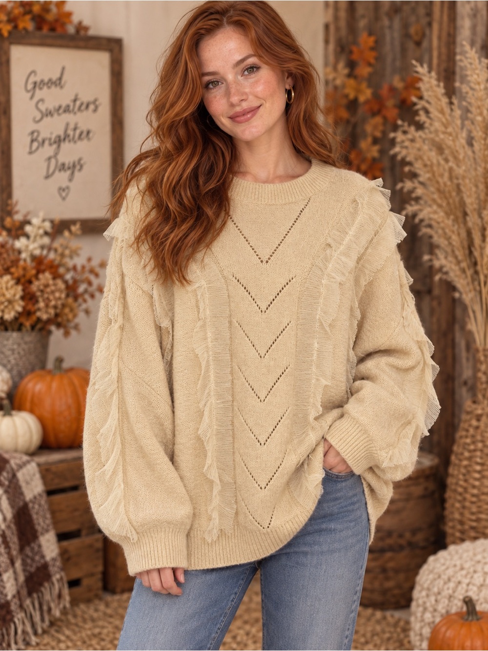 Molly Bracken Cream Fringe Chevron Knit Sweater Oversized S/M